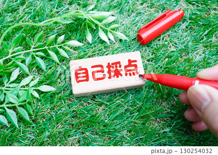 赤ペンと木製ブロックに書かれた自己採点の文字イメージ 130254032