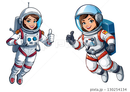 Cosmonaut floating in space, astronaut in spacesuit fling in the space, astronaut girl in space suit showing thumb up or like gesture, Smiling woman cosmonaut in helmet and uniform 130254134