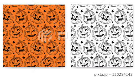 A collection of seamless Halloween drawings with spooky pumpkins and stars, monochrome illustrations on a white and orange background in a scribble style. Packaging design. Smiling pumpkin monsters. 130254142