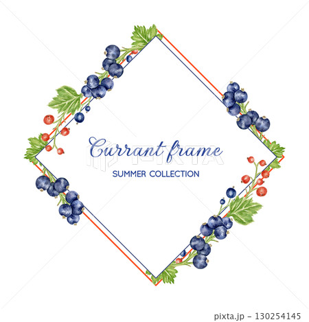 Watercolor square frame with black and red currant berries and leaves. Hand-drawn botanical illustration. Great idea for kitchen decor, cookbooks, and product packaging 130254145