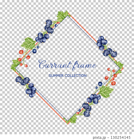 Watercolor square frame with black and red currant berries and leaves. Hand-drawn botanical illustration. Great idea for kitchen decor, cookbooks, and product packaging 130254145