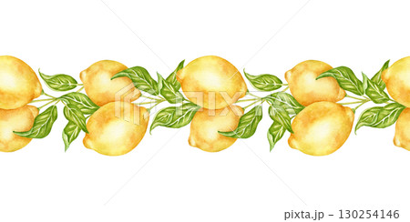 Horizontal watercolor border with lemon fruit on a branch with leaves. Frame of bright, sunny citrus fruits. Seamless botanical pattern for tableware, fabric, decorative banners, menus, and wallpapers 130254146
