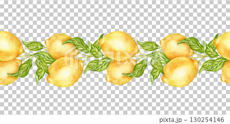 Horizontal watercolor border with lemon fruit on a branch with leaves. Frame of bright, sunny citrus fruits. Seamless botanical pattern for tableware, fabric, decorative banners, menus, and wallpapers 130254146