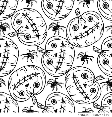 Seamless design with sinister pumpkins and spiders. Hand-drawn monochrome print for Halloween celebrations. Doodle style outline designs. Pattern for packaging, clothing, and book covers. 130254149