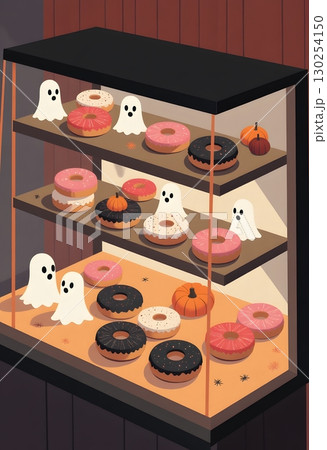 Charming Display of Halloween Donuts with Friendly Ghosts in a Cozy Bakery 130254150