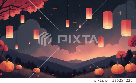Enchanted Autumn Landscape with Lanterns and Pumpkins Under Starry Sky 130254220