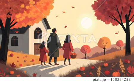 Family Walking Through Autumn Landscape with Colorful Foliage and Warm Sunlight 130254238