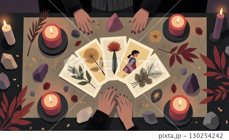 Spiritual Ritual with Tarot Cards and Crystals on a Dark Table Surrounded by Candles 130254242