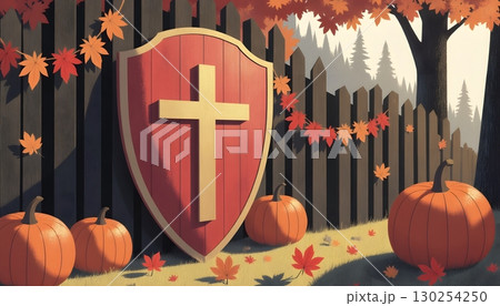 Colorful Autumn Scene with Cross, Pumpkin, Leaves, and Wooden Fence in Background 130254250