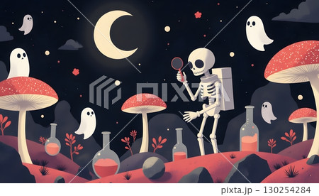 Surreal Skeleton Explorer in Space with Ghosts and Magical Mushrooms at Night 130254284