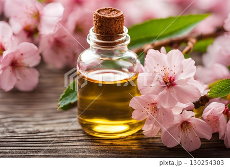 A bottle of cherry blossom essential oil, which has strong anti-inflammatory properties that can heal irritated skin and improve its smoothness across the surface. AI Generated 130254303