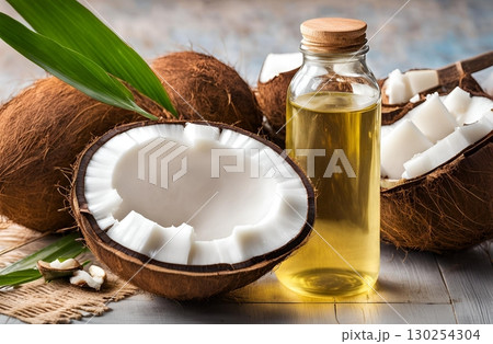 A coconut fruit and its pulp are placed next to a bottle of coconut oil. This product has antiseptic properties and helps with blood vessels and heart health. AI Generated 130254304