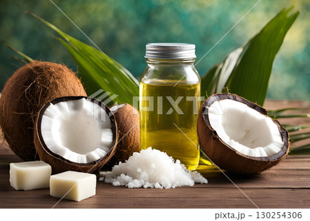 Coconut fruit and pulp are used to extract coconut water and to make body cleansing soap.  AI Generated 130254306