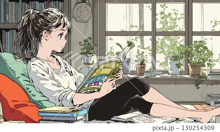 読書の秋：リビングルームで本を読んでいる若い女性