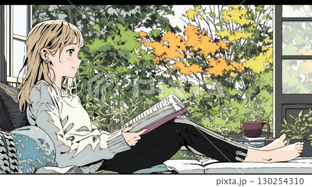 読書の秋：リビングルームで本を読んでいる若い女性