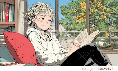 読書の秋：リビングルームで本を読んでいる若い女性