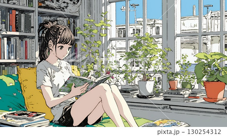読書の秋：リビングルームで本を読んでいる若い女性