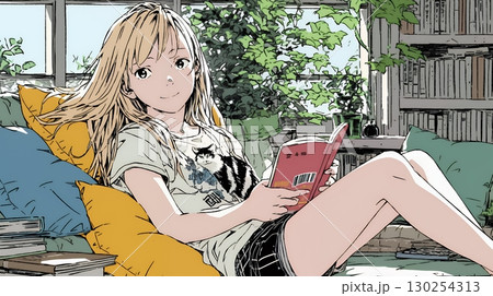 読書の秋：リビングルームで本を読んでいる若い女性