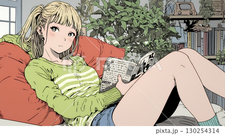 読書の秋：リビングルームで本を読んでいる若い女性