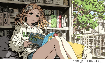 読書の秋：リビングルームで本を読んでいる若い女性