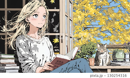 読書の秋：リビングルームで本を読んでいる若い女性