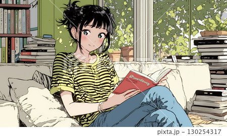 読書の秋：リビングルームで本を読んでいる若い女性
