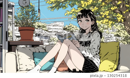 読書の秋：リビングルームで本を読んでいる若い女性