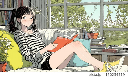 読書の秋：リビングルームで本を読んでいる若い女性