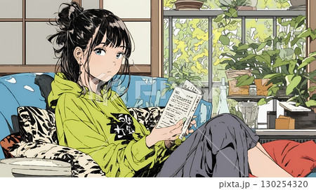 読書の秋：リビングルームで本を読んでいる若い女性