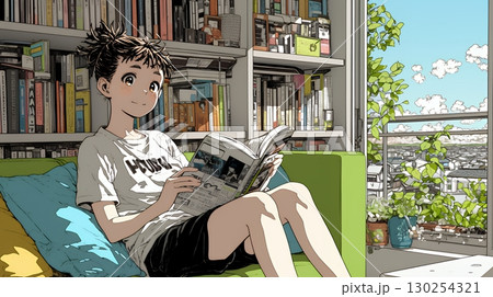 読書の秋：リビングルームで本を読んでいる若い女性