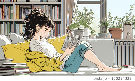 読書の秋：リビングルームで本を読んでいる若い女性