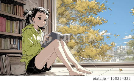 読書の秋：リビングルームで本を読んでいる若い女性