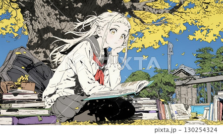 読書の秋：紅葉の木の下で本を読んでいる若い女性