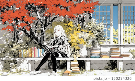 読書の秋：紅葉の木の下で本を読んでいる若い女性
