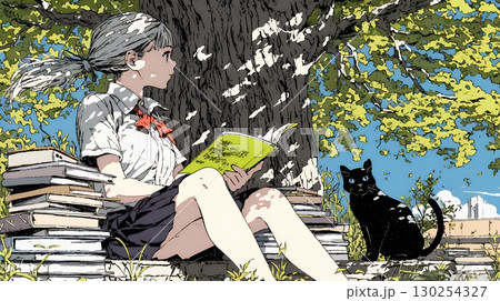 読書の秋：紅葉の木の下で本を読んでいる若い女性