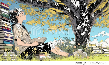 読書の秋：紅葉の木の下で本を読んでいる若い女性