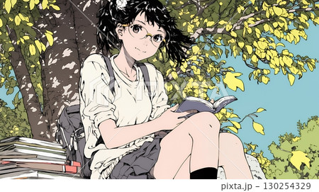 読書の秋：紅葉の木の下で本を読んでいる若い女性
