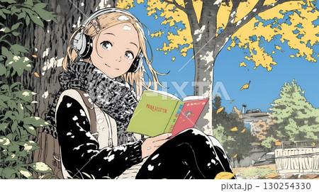 読書の秋：紅葉の木の下で本を読んでいる若い女性