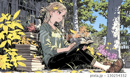 読書の秋：紅葉の木の下で本を読んでいる若い女性