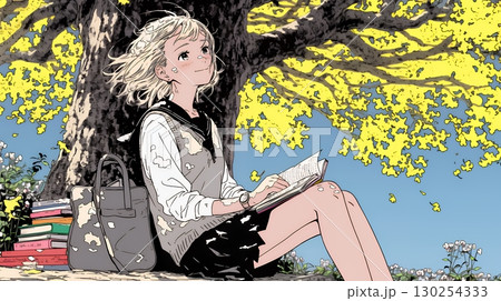 読書の秋：紅葉の木の下で本を読んでいる若い女性