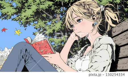 読書の秋：紅葉の木の下で本を読んでいる若い女性