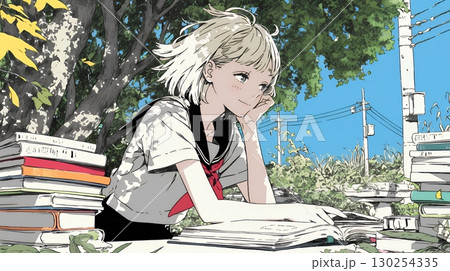 読書の秋：紅葉の木の下で本を読んでいる若い女性