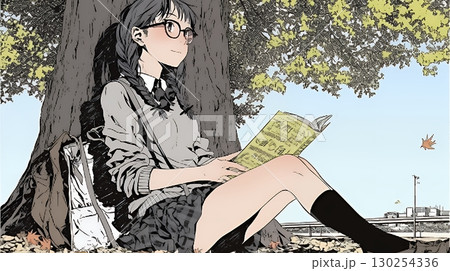 読書の秋：紅葉の木の下で本を読んでいる若い女性