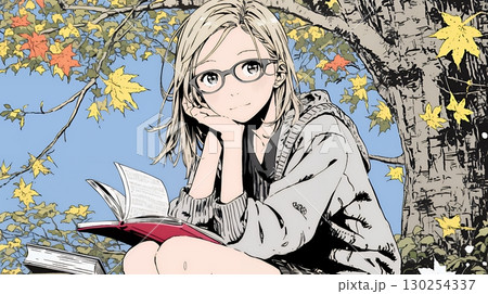 読書の秋：紅葉の木の下で本を読んでいる若い女性