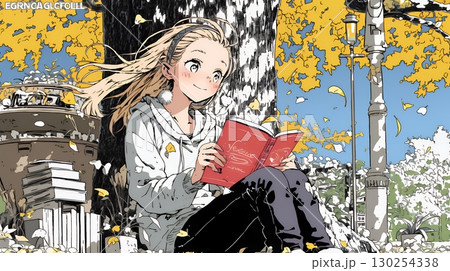 読書の秋：紅葉の木の下で本を読んでいる若い女性