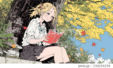 読書の秋：紅葉の木の下で本を読んでいる若い女性