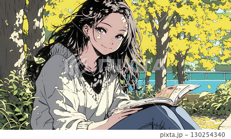 読書の秋：紅葉の木の下で本を読んでいる若い女性