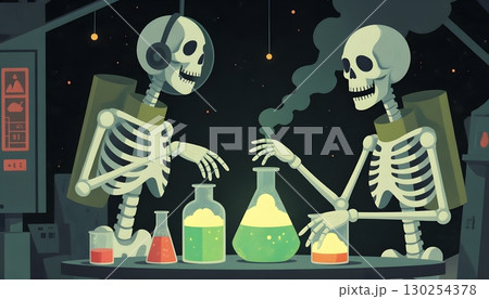 Two Skeletons in Space Laboratory Conducting Experiments with Colorful Beakers 130254378