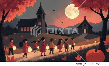 Children Celebrating Autumn Evening with Lanterns Under a Full Moon Children Celebrating Autumn Evening with Lanterns Under a Full Moon 130254397