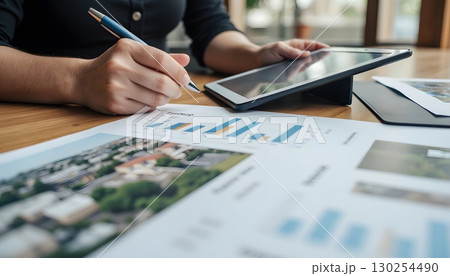 Business Professional Analyzing Graphs and Charts on Tablet at Office Desk 130254490